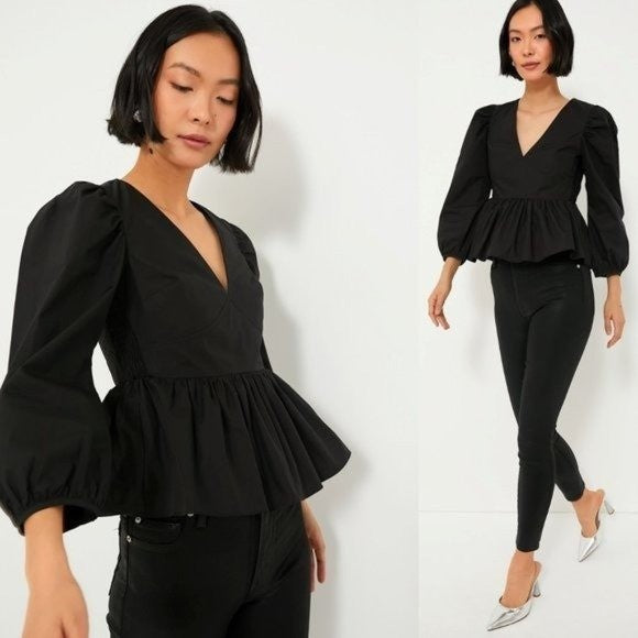 Hyacinth House NEW Black Elaina Puff Sleeve Peplum Blouse Top Size XL